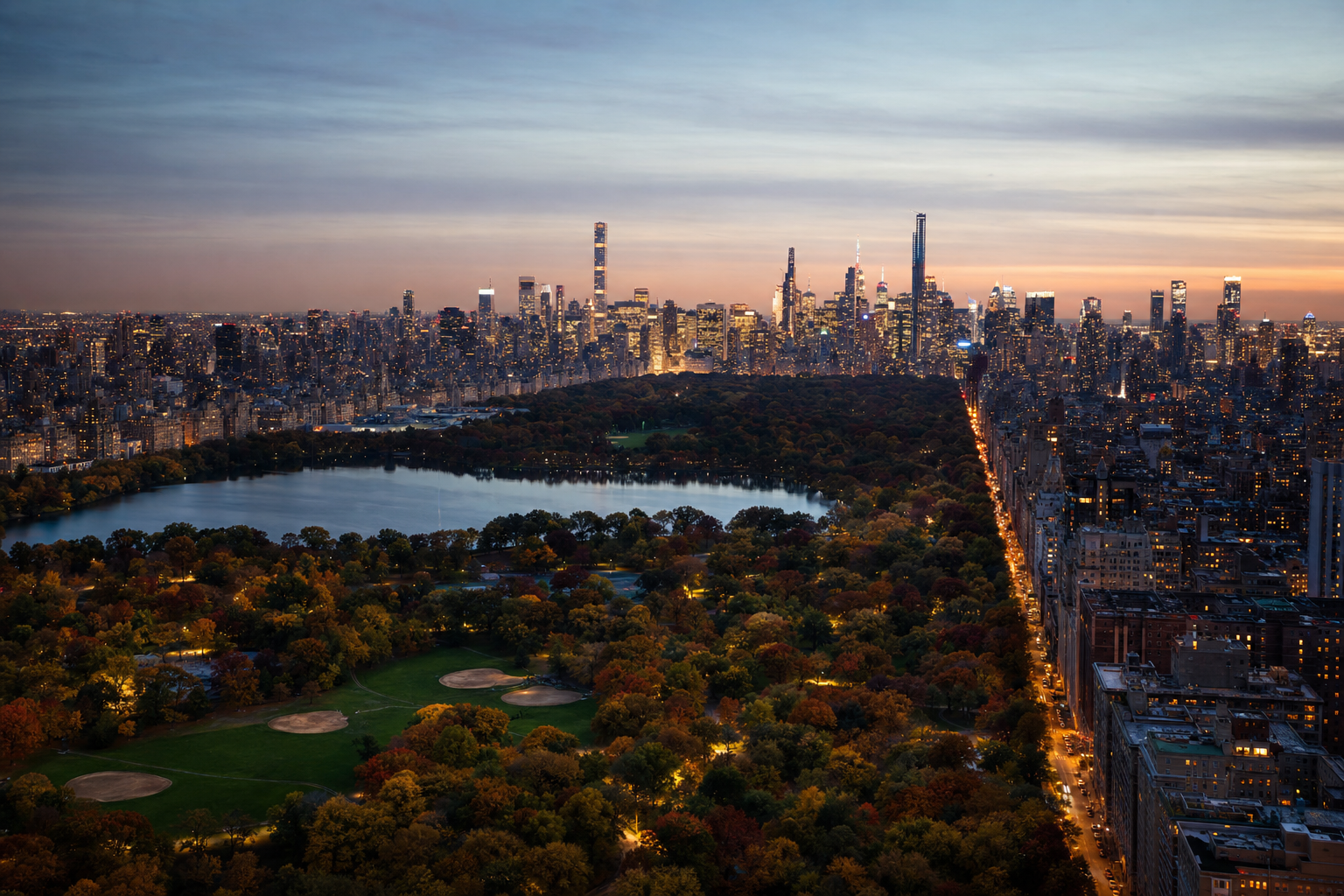 New York skyline and Central Park at blue hour