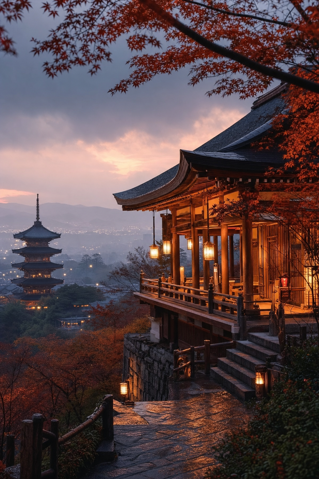 Kyoto temple at twilight with pagoda