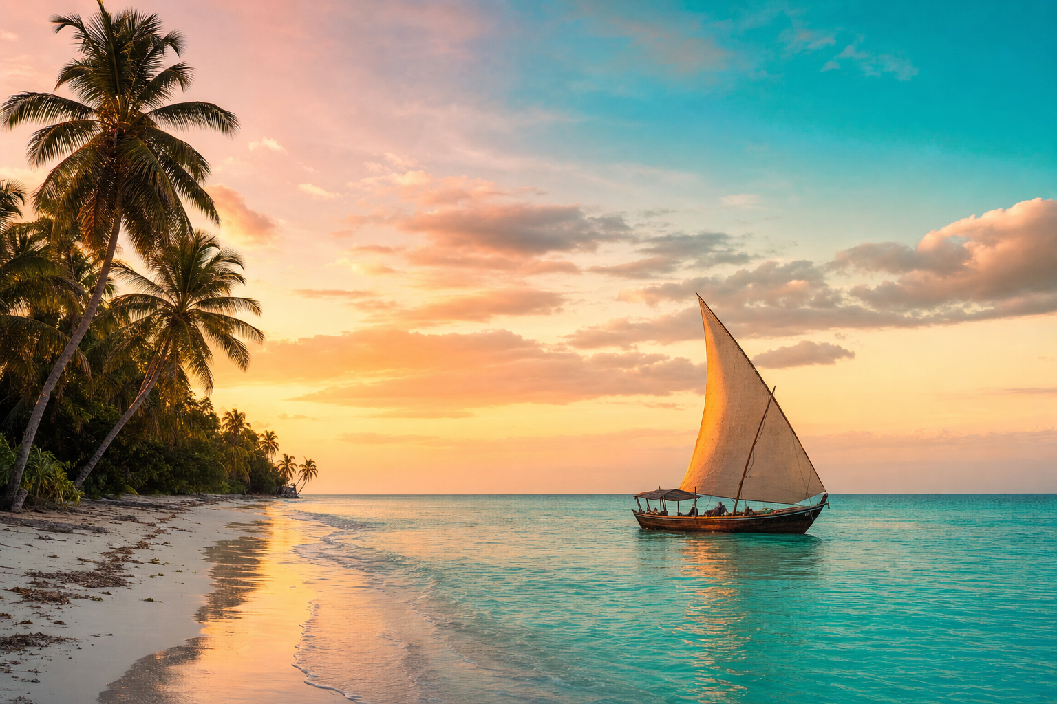Swahili coast at sunrise with a wooden dhow on turquoise water