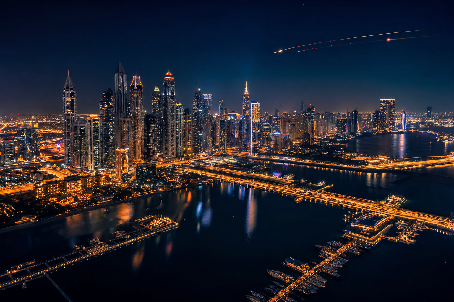 Glittering global city skyline at night