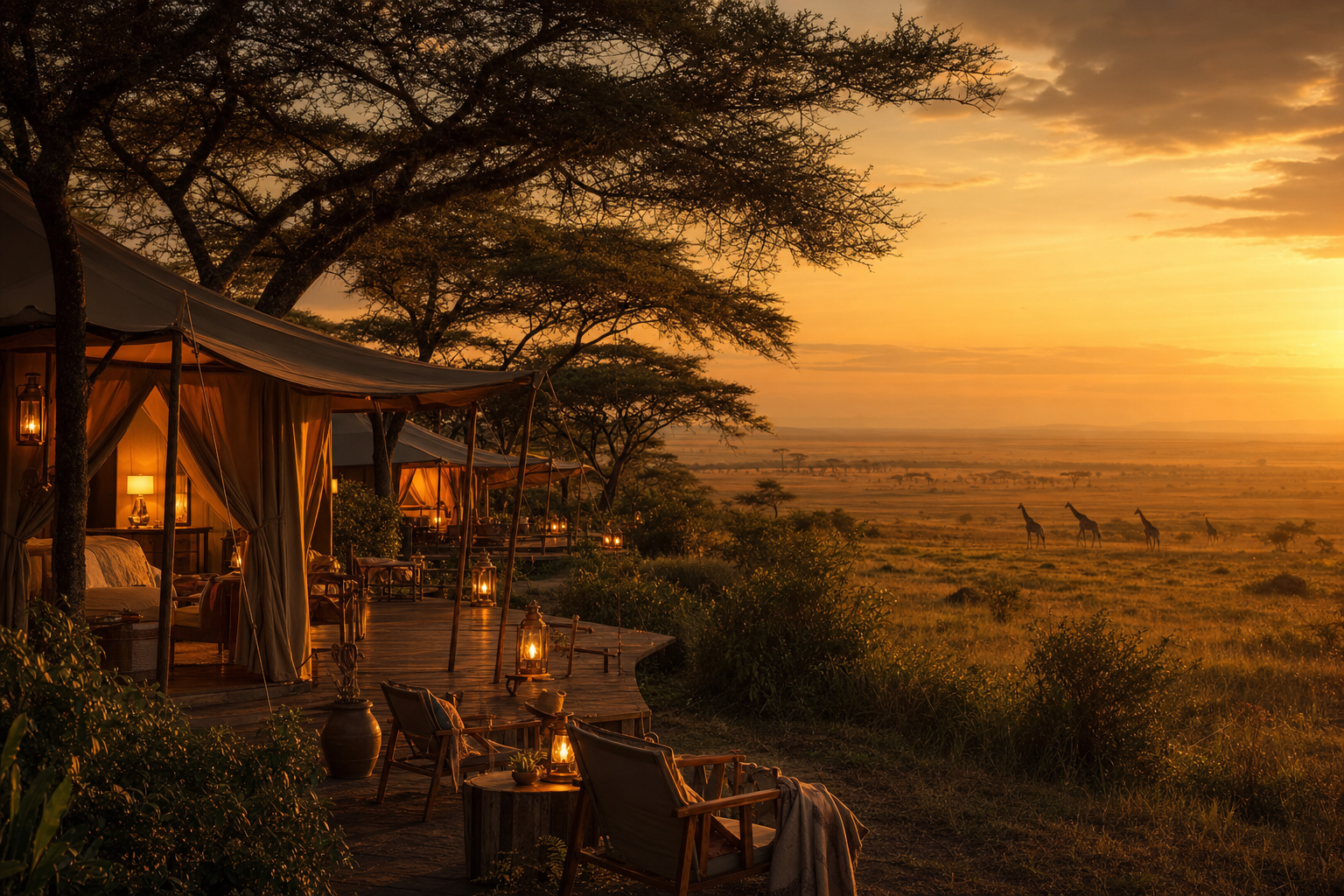 Safari camp at golden hour on the Maasai Mara