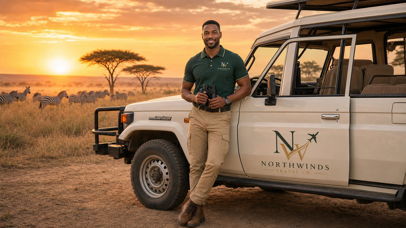 Northwinds safari guide in branded uniform beside the Northwinds Land Cruiser on the Maasai Mara